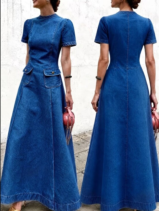 Dresses & Skirts - Maxi Denim Dress with Structured Pockets - Blue